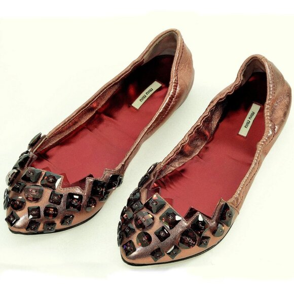 Miu Miu Prada Metallic Rose Jeweled Flats Ballet Leather Shoes 36 1/2 - Picture 2 of 6